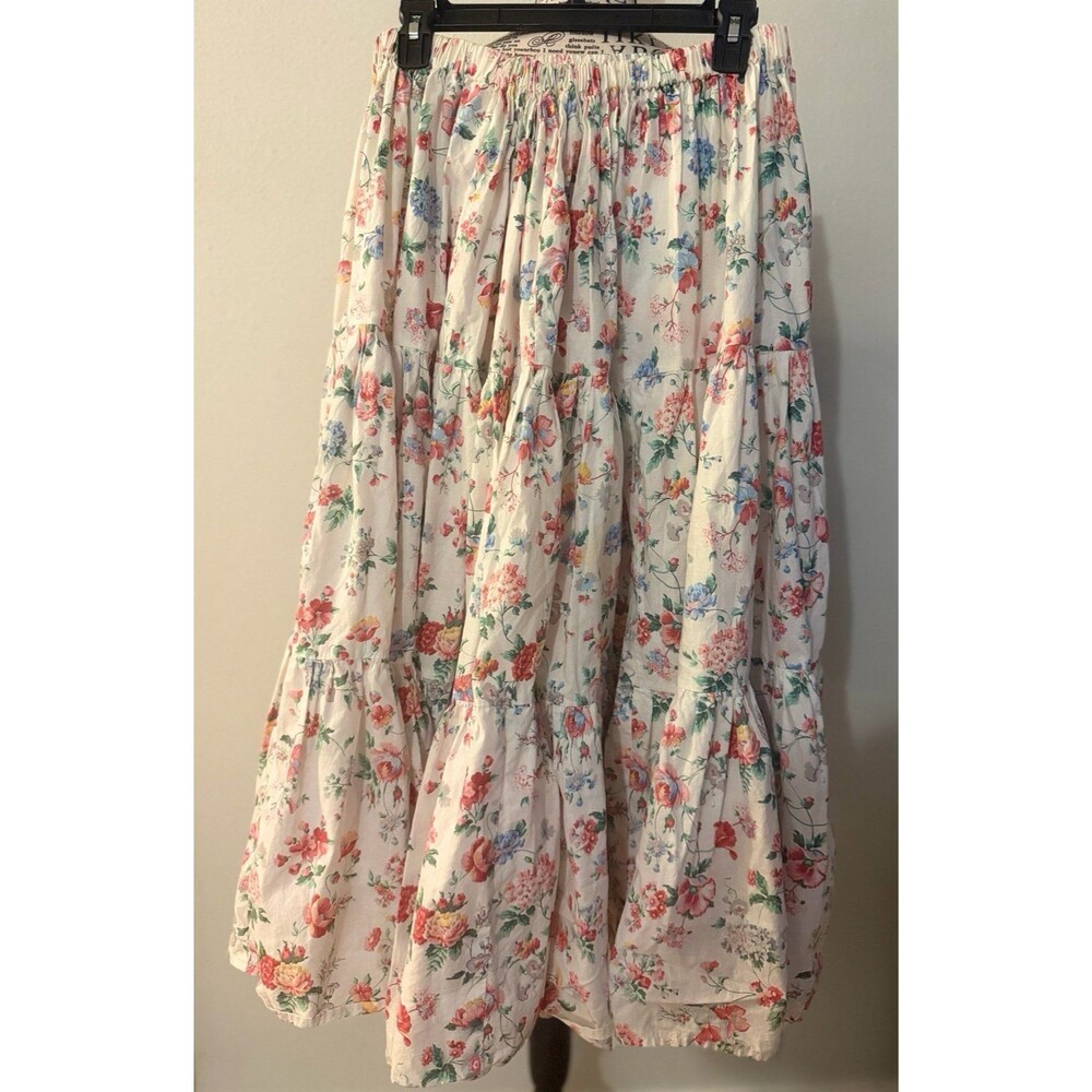 White Floral Tiered boho prairie Cottagecore cotton Maxi Skirt XL